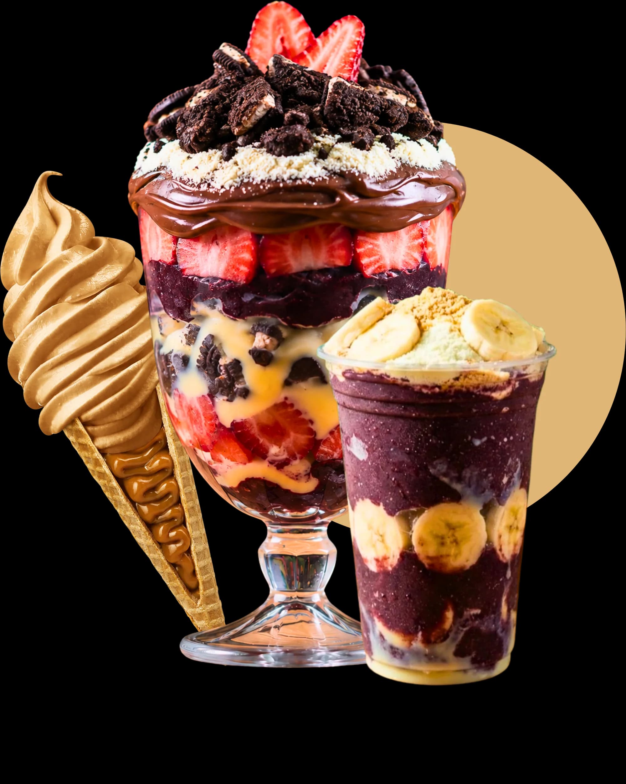 Taça de açaí com morango e gelado em cone, ao lado do título Projetos geladarias